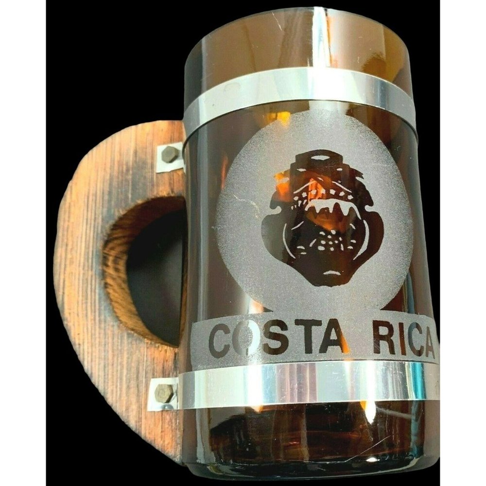 Vintage Costa Rica Beer Mug Stein Amber Glass Travel Souvenir Wood Handle